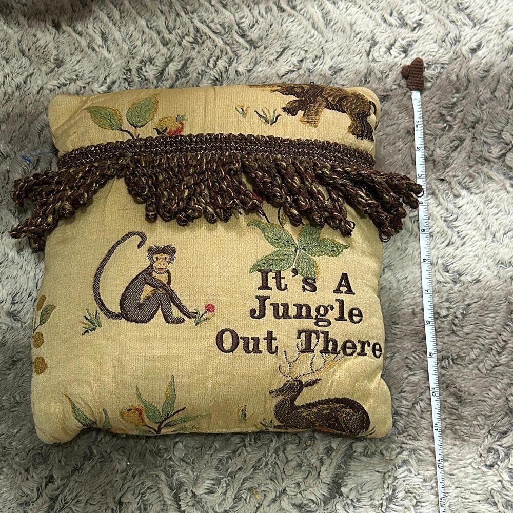 Small Vtg Fringed Safari Animal Novelty “It’s A Jungle Out There” Throw Pillow